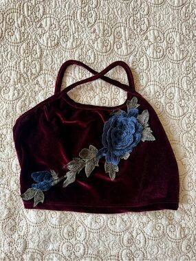Y2K Burgundy velvet floral criss cross back crop top 🌹 Fairycore Whimsigoth